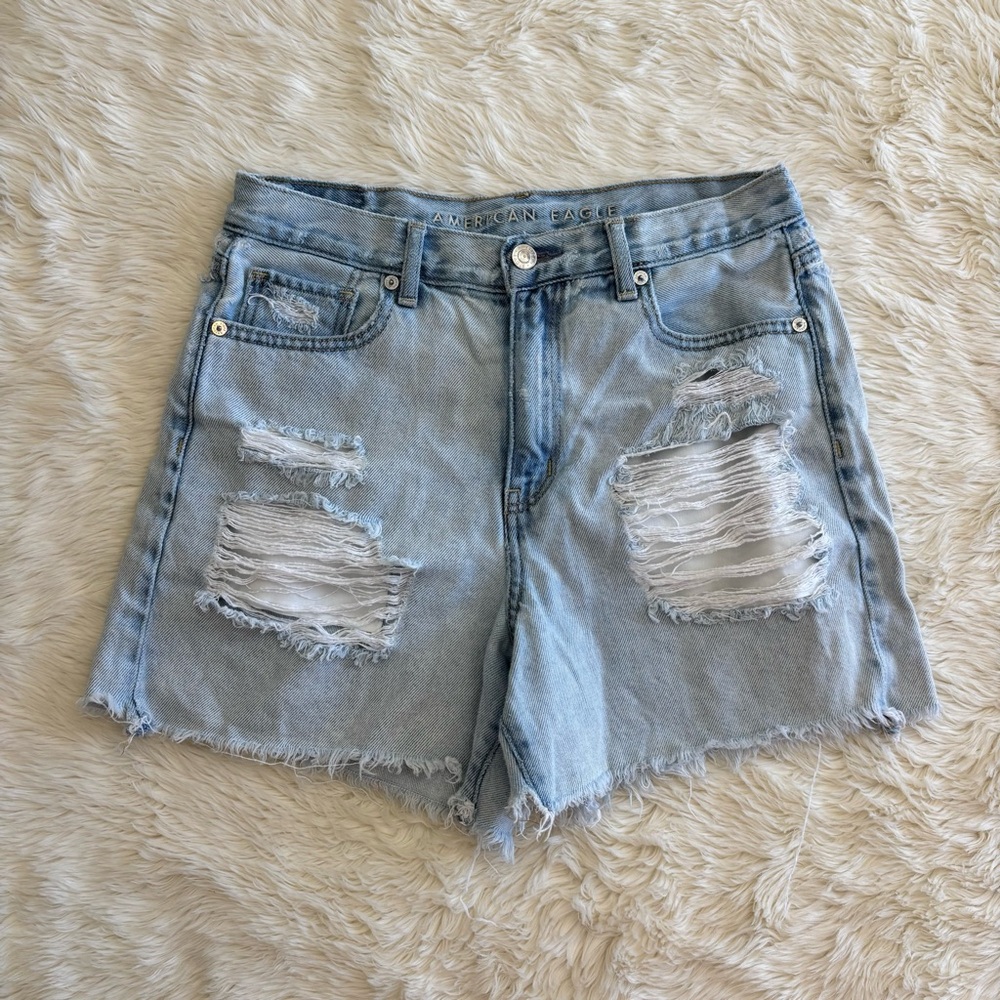 American Eagle Outfitters High Rise Distressed Light Blue Denim Mom Shorts 4